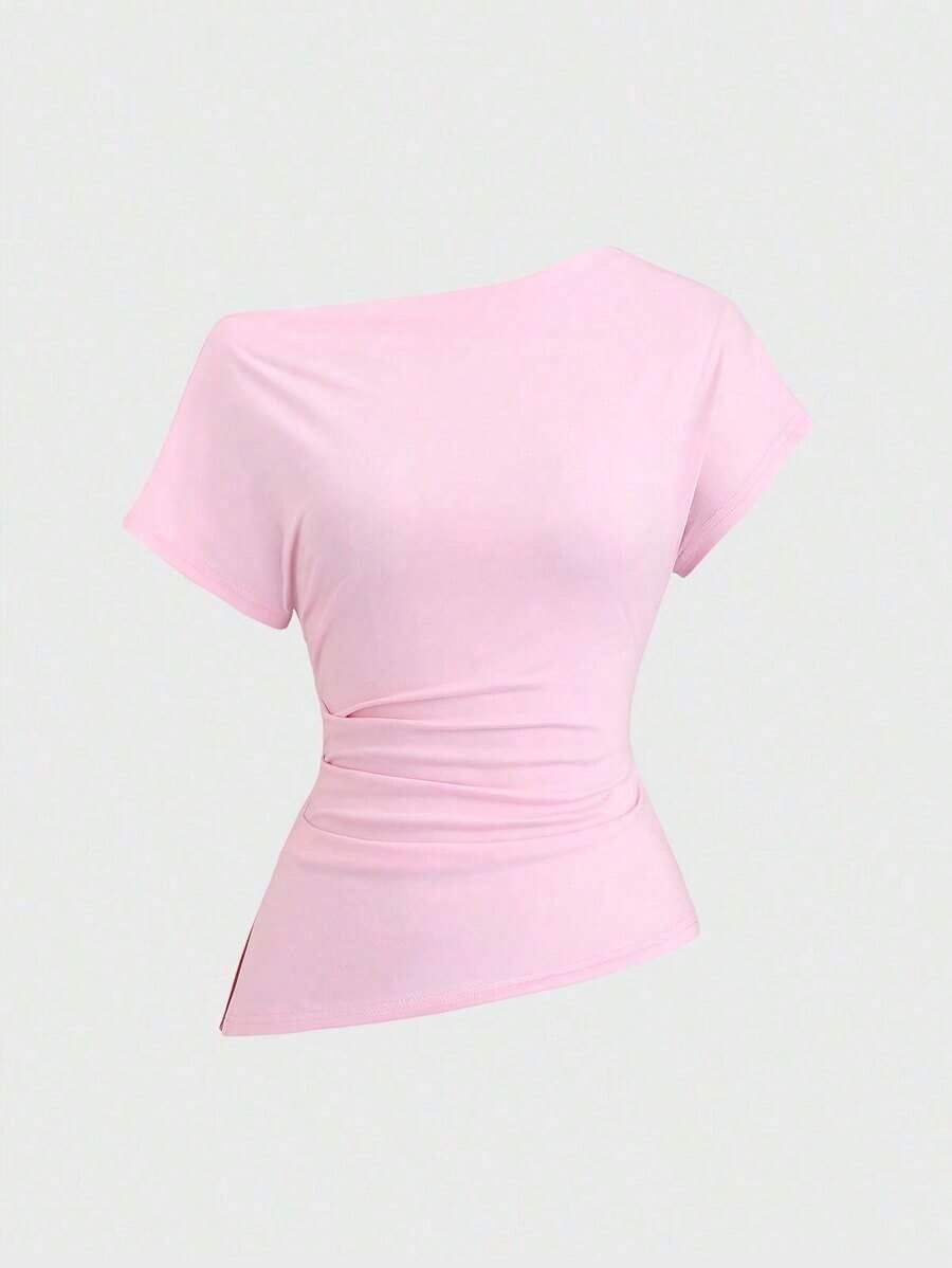 Camiseta de mujer de unicolor con pliegues, ajuste ceñido y hombro asimétrico de manga corta - Rosa - Ver 1