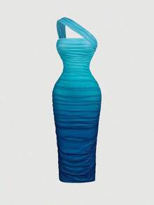 Vestido de malla de longitud media con un hombro, fruncido y efecto ombré - Azul - Ver 1