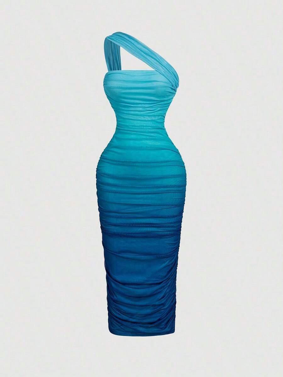 Vestido de malla de longitud media con un hombro, fruncido y efecto ombré - Azul - Ver 1