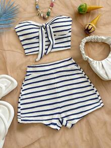 2 piezas Conjunto de top corto a rayas y shorts de cintura alta para mujer, adecuado para vacaciones, citas, té de la tarde, playa, crucero, viaje a la ciudad, festival de música, estilo bohemio de playa - Azul y blanco - Ver 5