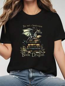 Talla grande, camiseta para mujer de talla grande con estampado gráfico "No soy un ratón de biblioteca, soy un dragón de libros", manga corta, cuello redondo, top casual para verano y primavera, ropa de mujer - Negro - Ver 7