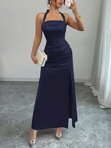 Vestido camisero elegante de color champagne, con tela de satén elástica y abertura lateral de largo maxi - Azul marino - Ver 5