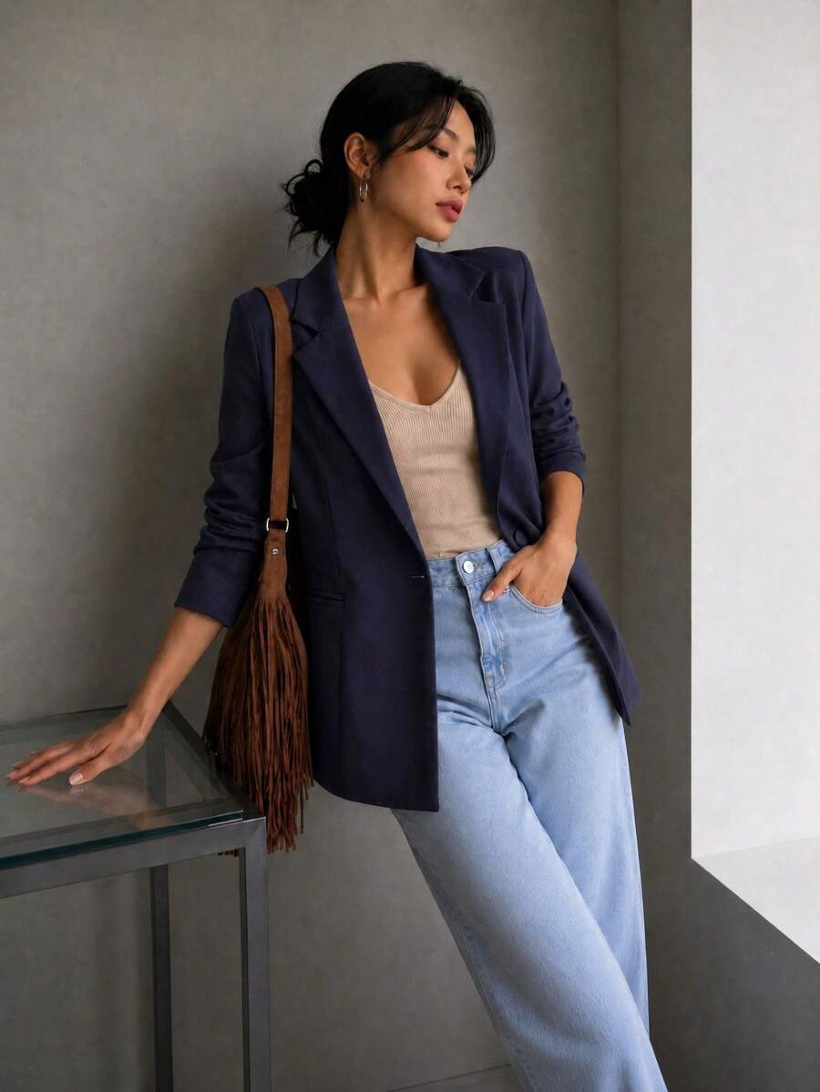 MODA MO, REF: MK0254 Women's Fitted Blazer, Elegant And Modern Jacket, Sophisticated Social Look, Ideal For Valentine's Day, Feminine Style And Charm, Tailoring With Perfect Fit, Executive Fashion With A Romantic Touch - 藏蓝色 - 查看 1