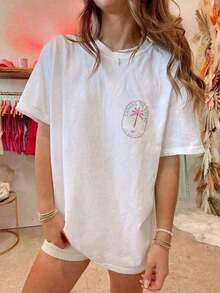 Ropa casual de verano 2026 para mujer, camisetas de gran tamaño con estampado de cocotero, camisetas de manga corta con estampado de cocotero/letras, cuello redondo, corte holgado, camisetas holgadas de estilo vintage de verano, camisetas holgadas para adolescentes, ropa de calle, top corto unisex de color blanco y azul marino, sin hombros, holgado y cómodo, tops de verano, moda. - Blanco - Ver 1