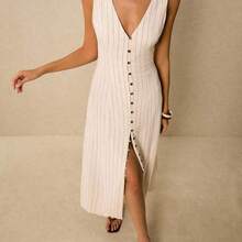 Women's Dresses Linen Dresses Tie Back Waist Button Placket Striped Dress Vest Dress Boho Holiday Women's Sleeveless Striped Dress Casual Vacation Y2k Clothes Country Concert Outfit Old Money Streetwear Going Out Outfits Vintage - Azul - Ver 8