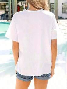 Women's Short-Sleeved T-Shirt With Round Neck, Printed With English Letters, Made Of 100% Pure Cotton Fabric, Soft And Drapey, Suitable For Daily Wear, Office, School, Vacation, Camping, Versatile Style, Short Sleeves Make Your Summer More Vibrant And Colorful. - 白色 - 查看 2