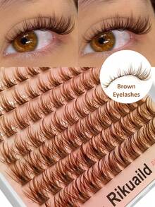 Rikuaild 96pcs Brown D-Curl Fluffy False Eyelash Clusters, Natural Thick Faux Mink Lashes, Makeup Tools - D - View 1
