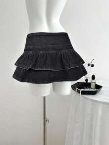 Falda de mezclilla de moda para mujer con diseño de cintura con botones y dobladillo con doble volante - Negro - Ver 2