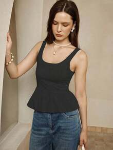 Camiseta sin mangas ajustada al Body con ribete de volantes cuadrado y diseño empalmado de un solo color para mujer en verano - Negro - Ver 6