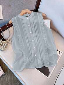 Blusa de verano de unicolor con volantes en el bajo para mujer - Celeste - Ver 3