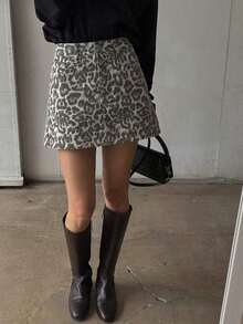 Falda vaquera casual con botones delanteros y bolsillos con estampado de leopardo - Marrón - Ver 7