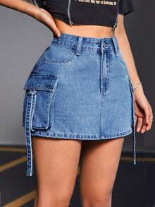 Falda de mezclilla de unicolor de moda para mujer - Azul lavado oscuro - Ver 3