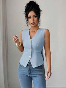 Camiseta de tirantes de mujer de algodón a rayas con lazo y escote en V sin espalda.Ajustada y que realza la figura, muestra por completo el encanto femenino.Adecuada para otoño e invierno, es una opción ideal para citas, vacaciones, ir al - Celeste - Ver 4