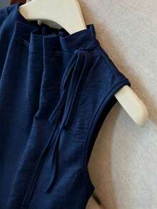 Blusa blanca elegante sin mangas, de cintura elástica y cuello suelto con cordón, de tejido texturizado, para mujer, para primavera/verano.Blusas y tops para mujer de cuello cerrado, blusas casuales y modernas para el verano - Azul marino - Ver 6