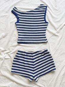 Eduarda Gutierrez  Conjunto de 2 piezas para mujer con top corto de punto a rayas y shorts ajustados de tiro súper bajo, atuendo adecuado para vacaciones, fiestas, Navidad, San Valentín, citas, playa, crucero, carnaval, Pascua, Año Nuevo Chi - Azul y blanco - Ver 2