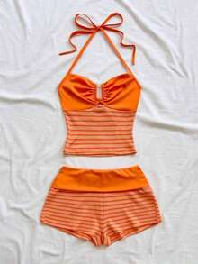 2 piezas Conjunto de camiseta de tirantes y pantalones cortos de punto a rayas con hebilla de metal, estilo casual de vacaciones, adecuado para fiesta, San Valentín, cita, discoteca, bohemio, vacaciones, otoño, ropa de mujer, vintage, días fest - Naranja - Ver 5