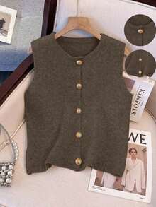 1 pieza Chaleco de punto de mujer minimalista de unicolor con botón de metal suave, parte superior casual versátil, suéter de moda de cuello redondo - Marrón 2 - Ver 7