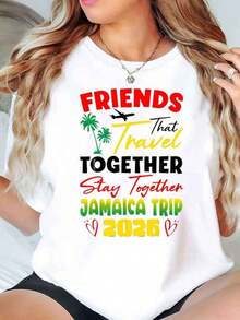 Amigos que vian juntos se mantienen juntos Vie a Jamaica 2026 con estampado de palmeras y avión Camiseta casual de cuello redondo como regalo de vacaciones para mujeres 220g - Blanco - Ver 2