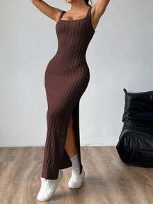 maxi informal sin mangas con abertura lateral, atuendo de mujer - Marrón - Ver 5