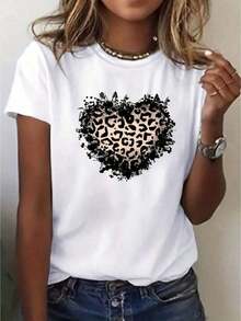 Camisetas De Calor Para MujerCamiseta De AlgodóN 100% Con CorazóN De Leopardo Desgastado, Top Casual Con Estampado Animal Grunge Para Mujer Ropa De Mujer - Blanco - Ver 8