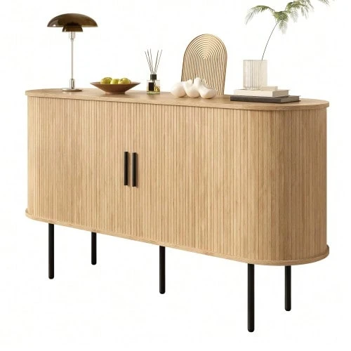 Modern MDF Sideboard With Roll-Up Doors, Aluminum Handles And Iron Legs – Versatile Storage Unit For Living Room, Dining Room And Modern Interiors - 自然色 - 查看 1