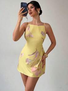 Vestido casual de mujer con estampado floral amarillo, de tirantes finos y espalda descubierta, vestido suelto de estilo hawaiano para vacaciones, vestidos de verano amarillo mantequilla para mujeres - Multicolor - Ver 6
