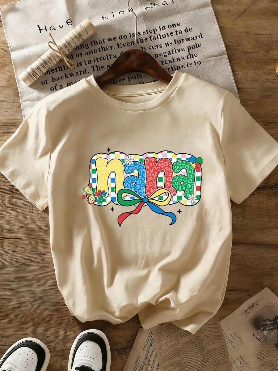 1pc Graphic T-Shirts 100%, Colorful 'Mother Wind' Print T-Shirts, We Wear Blue For Autism Awareness In April, Autism Care T-Shirts, Summer T-Shirts, Gifts For Easter And Mother's Day 100% Cotton Pure Cotton Printed T-Shirt For Women 100% Cotton - 杏色 - 查看 1
