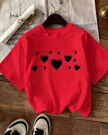 Camiseta con Estampado de Corazón y Estrella - Unisex, Corte Holgado, Cómoda, Estilo Vintage Urbano - Camiseta de Algodón 100% Algodón - Rojo - Ver 6