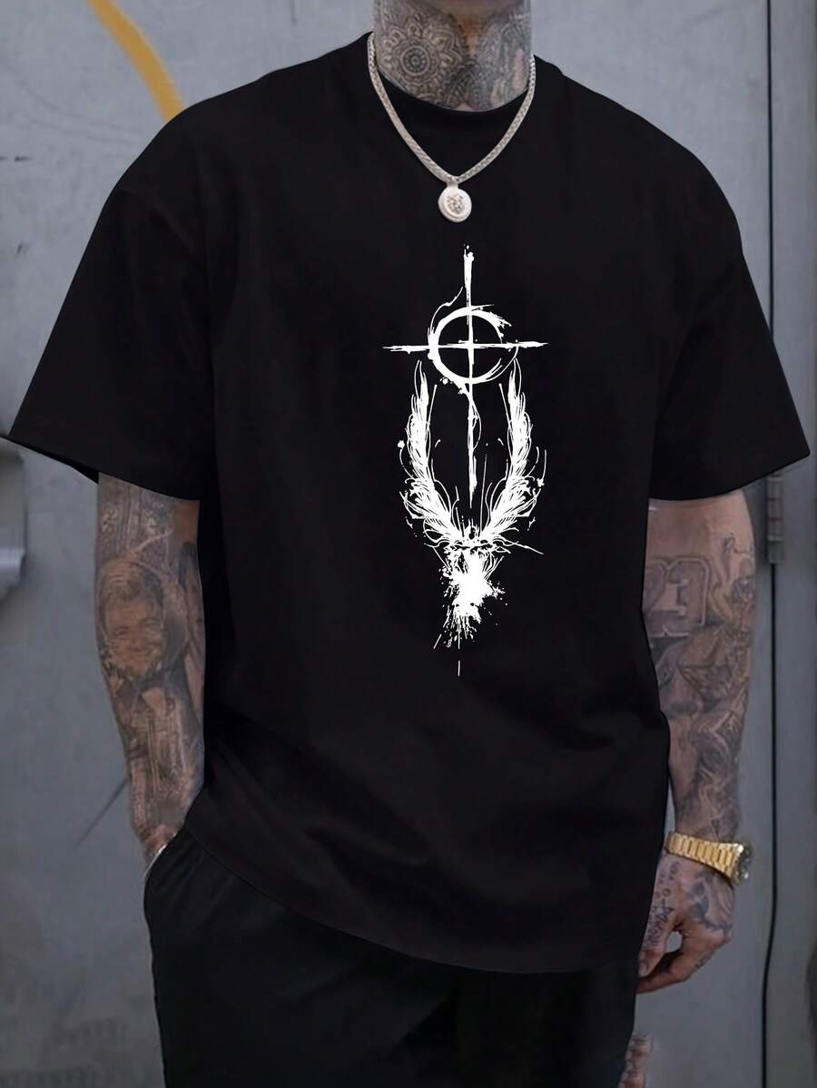 Camisetas de manga corta con cuello redondo y estampado gráfico de alas para hombre, camiseta de moda de verano, top casual y cómodo para deportes al aire libre y vacaciones de ocio. - Negro - Ver 1