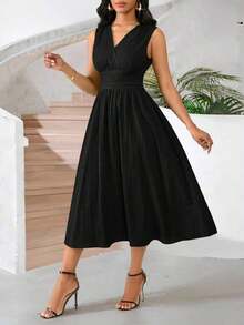 Vestido veraniego sin mangas de mediana longitud para mujer, de tela tejida con textura en color verde - Negro - Ver 5