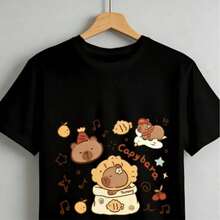 Tops para mujer Casual de Algodón para Mujer con Estampado de Capibara, Manga Corta y Cuello Redondo - Negro - Ver 2