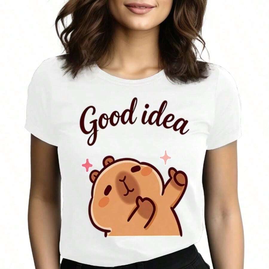 Tops para mujer Casual de Algodón para Mujer con Cuello Redondo y Manga Corta, con Lindo Gráfico de Oso de Peluche, Alta Elasticidad, Corte Regular, Perfecta para Uso Diario y Estilo Dulce - Blanco - Ver 1