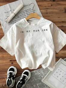 1pscCamisetas Gráficas para Mujer "En Mi Era de Mamá" - Camiseta de Manga Corta Transpirable con Cuello Redondo Brillante y Estampado de Letras, Blusa Casual de Primavera Verano para Mamás, Ropa Casual Lavable a Máquina y Conjuntos para Mamás 100% algodón100% Cotton - Blanco - Ver 6