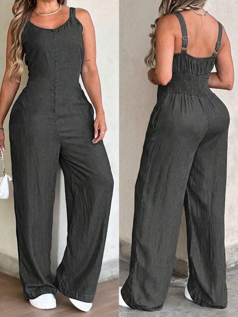 Mono informal elegante de mujer con efecto de mezclilla, cuello en V, sin mangas, cintura fruncida, piernas anchas y bolsillos laterales - Negro - Ver 1
