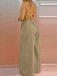 Mono casual de mujer con tirantes de halter, espalda descubierta y pierna recta - Caqui - Ver 2