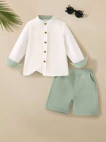2pcs/Set Young Boy Spring/Summer Contrast Color Collar Long Sleeve Shirt & Solid Shorts Set, Casual School Style Outfit - Green - View 2