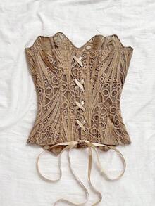 Corset ajustado de dos capas con diseño vanguardista y sexy, propio de vacaciones, para jóvenes de estilo europeo y americano, en color caqui con bordado calado - Multicolor 3 - Ver 9