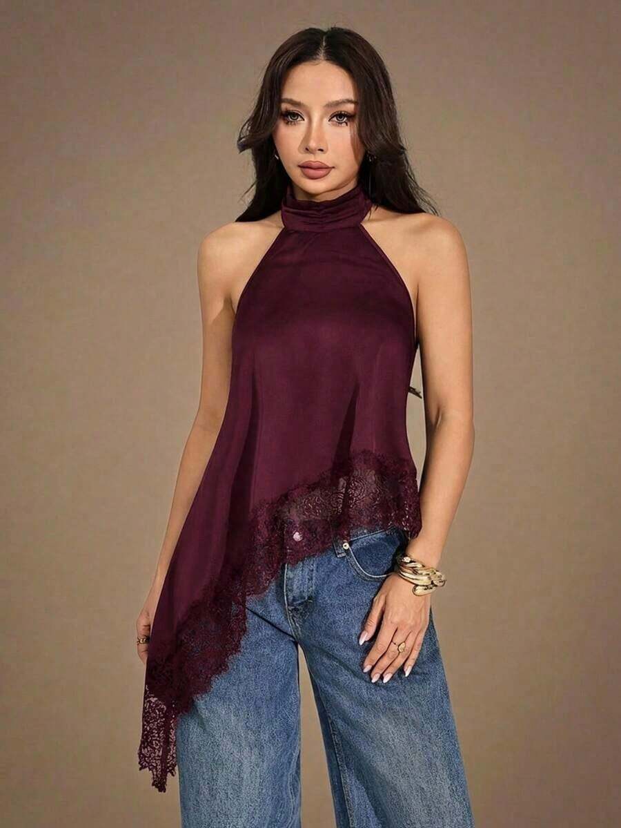 Top halter con escote trasero, bajo asimétrico y parches de encaje, sexy para el verano - Granada - Ver 1