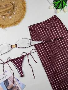 Elegant And Sensual Polka Dot Three-Piece Bikini Set For Women - Burgundy - View 3