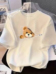 Women's T-Shirt, Fashionable Plus Size Short-Sleeved Top, Comfortable To Wear In All Seasons, With A Unique Peeking Bear Print. - 白色 - 查看 6
