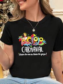 [Especial de Vacaciones]Camiseta de Moda Casual para Mujer con Estampado de Ilustración Vibrante "Carnaval ¡Quien lo vive es Quien lo goza!" para Primavera/Verano, blusas para mujer, camisetas gráficas de verano para mujer, camiseta casual estampada para mujer, manga corta y cuello redondo, moda urbana local de primavera/verano. - Negro - Ver 1