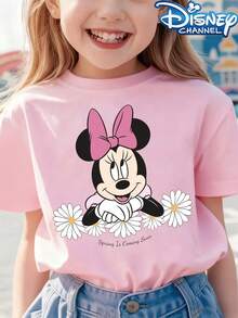 Disney Girls' Short Sleeved T-ShirtCute Cartoon Style Men's T-Shirt Minnie Mouse With Daisies And Spring Is Coming Soon Text Spring Season Gift For Disney Fans - Hồng - Xem 1