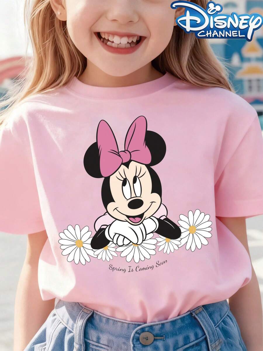 Disney Girls' Short Sleeved T-ShirtCute Cartoon Style Men's T-Shirt Minnie Mouse With Daisies And Spring Is Coming Soon Text Spring Season Gift For Disney Fans - Hồng - Xem 1