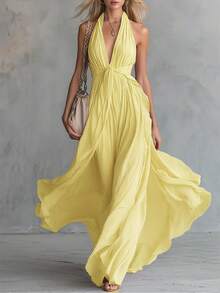 Nuevo 2026 Vestido Ajustado Mujer Color Sólido Cuello en V Sin Mangas Estilo Europeo Americano - Amarillo - Ver 1
