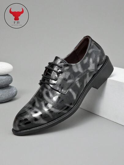 GEDOUGONGNIU Fighting Bull Men's Tortoise Shell Print Patent Leather Oxford Shoes, Lace-Up Formal Dress Shoes, Unique Pattern Footwear For Party, Wedding & Streetwear