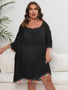 Plus Size Beach Dress For Women With Multicolored Fringe, Loose And Short, Various Colors, Ideal For Summer - 黑色 - 查看 3