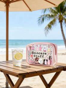 "Skincare Stuff" 字母印花 PVC 洗漱包，PVC 旅行收納袋附拉鍊開關，化妝包，便攜式化妝箱，適合母親、老師、朋友、護士，化妝袋，學校假期開學必備旅行用品 - 彩色 - 查看 4