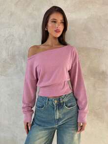 Top de manga larga asimétrico de hombro de punto de color albaricoque para mujer, otoño/invierno - Rosa - Ver 3