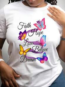 Plus Size - Women's T-Shirt With "Butterfly" Print | Casual Loose Fit, Short Sleeve, Round Neck, Medium Elasticity, Vivid Floral And Butterfly Pattern Design, Fashionable Spring Summer Autumn T-Shirt, Butterfly T-Shirt - 白色 - 查看 7
