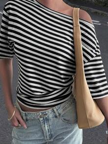 Blusa holgada y casual de mujer con rayas y parches, cuello oblicuo y manga corta, elegante estilo callejero para primavera, verano y otoño - Blanco y Negro 2 - Ver 8